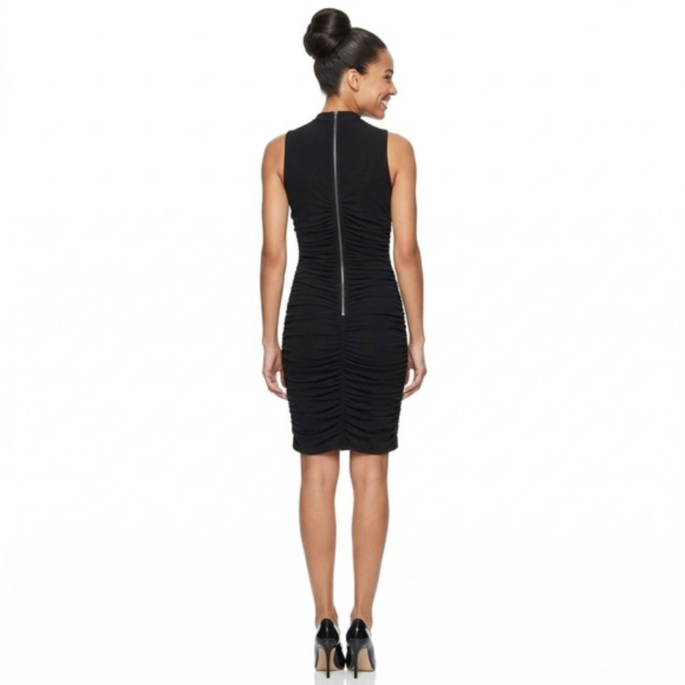 Privy Black Mock Neck Ruched Bodycon Sleeveless Dress Exposed Back Zip Large